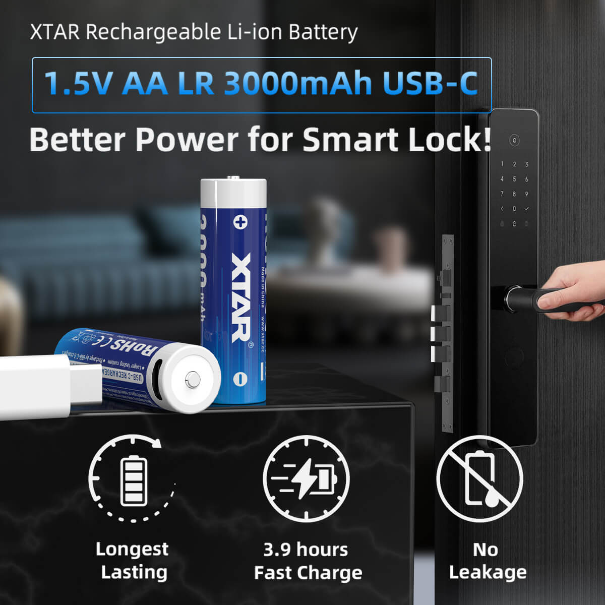 XTAR AA 1.5V 3000mAh USB-C pack de 4 – baterías recargables Li-Ion de alto rendimiento